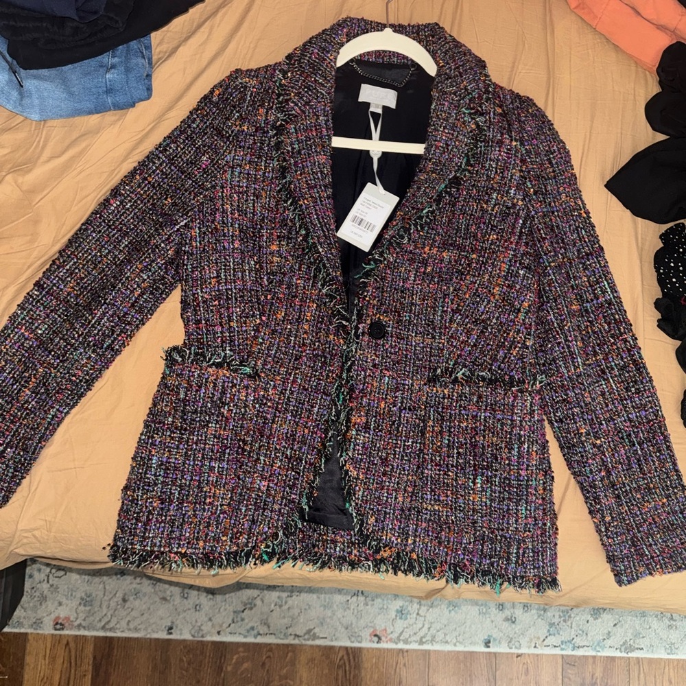 Multicolor Tweed Fringed Blazer Jacket